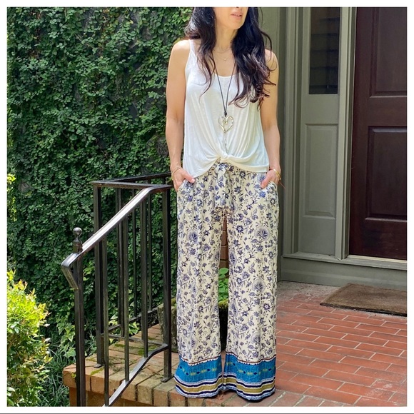 BOHO PRINT WIDE  LEG TIE FRONT PANTS - Picture 7 of 12